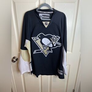 Reebok Pittsburgh Penguins Black and Cream Hockey Jersey Large